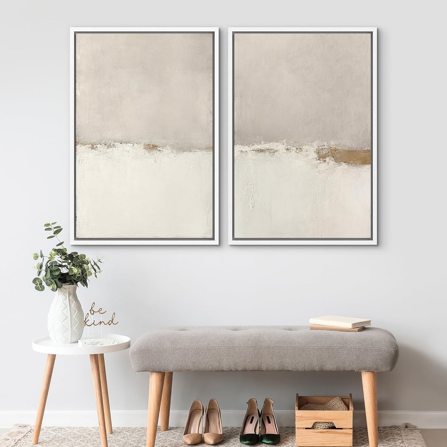 SIGNWIN Framed Canvas Print Wall Art Beige Gray Paint Strokes Abstract Grunge Landscape Prints Modern Art Minimalist Neutral Decor for Living Room, Bedroom, Office - 24"x36"x2 White
