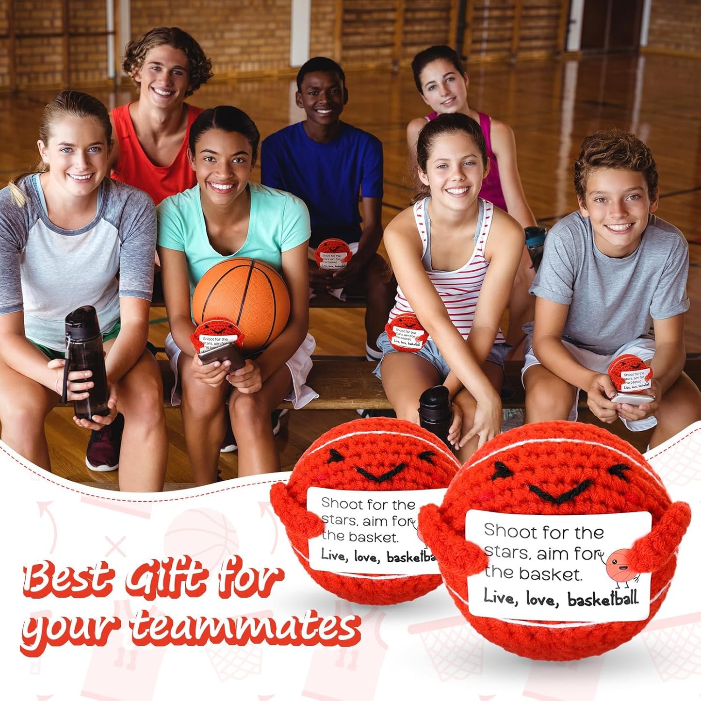 12pcs Christmas Basketball Gifts Bulk Handmade Crochet Basketballs Small with Positive Cards for Team Coach Coworker Friend Birthday Holiday Party Favors Home Decor Supplies