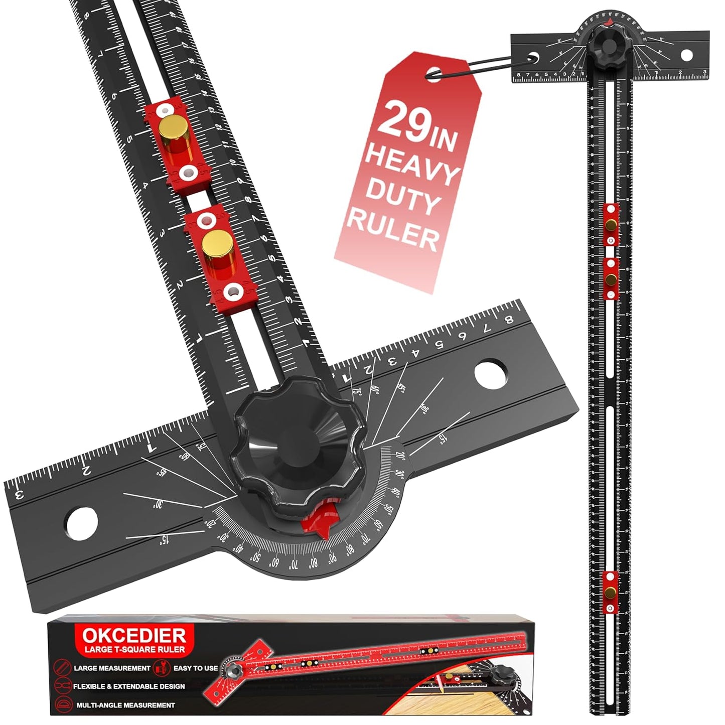 29 Inch Woodworking T Square Ruler, Aluminum Alloy, Adjustable Angle 15-165° Measurement Tool, Precision Drilling Positioning Guide for Carpentry, Drafting, Contractor, Scribe Crafting, Drywall