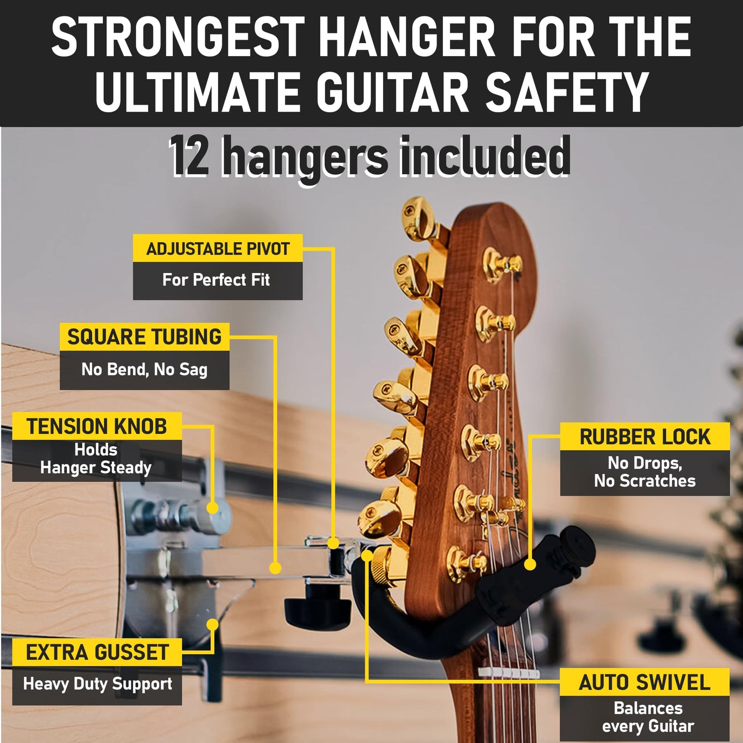 Dldirect Diamondlife Premiere 95 White Guitar Wall Mount - 12 Guitar Hangers With Padded Safety Lock - Solid Holder For Wall Fit