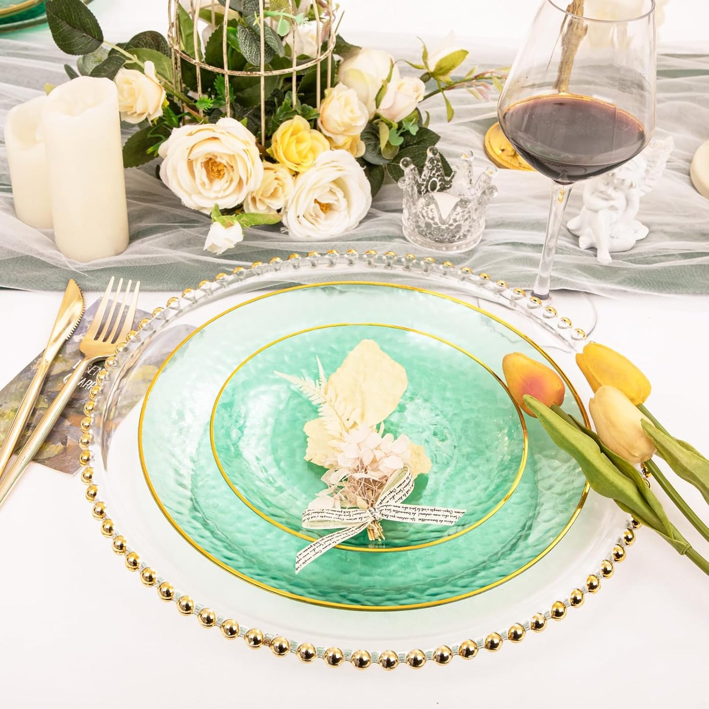 Rubtlamp 60 Green Plastic Plates, Hammered Clear and Gold Disposable Plates Include 30 Dessert Platos, 30 Dinner Platos for St. Patrick's Day