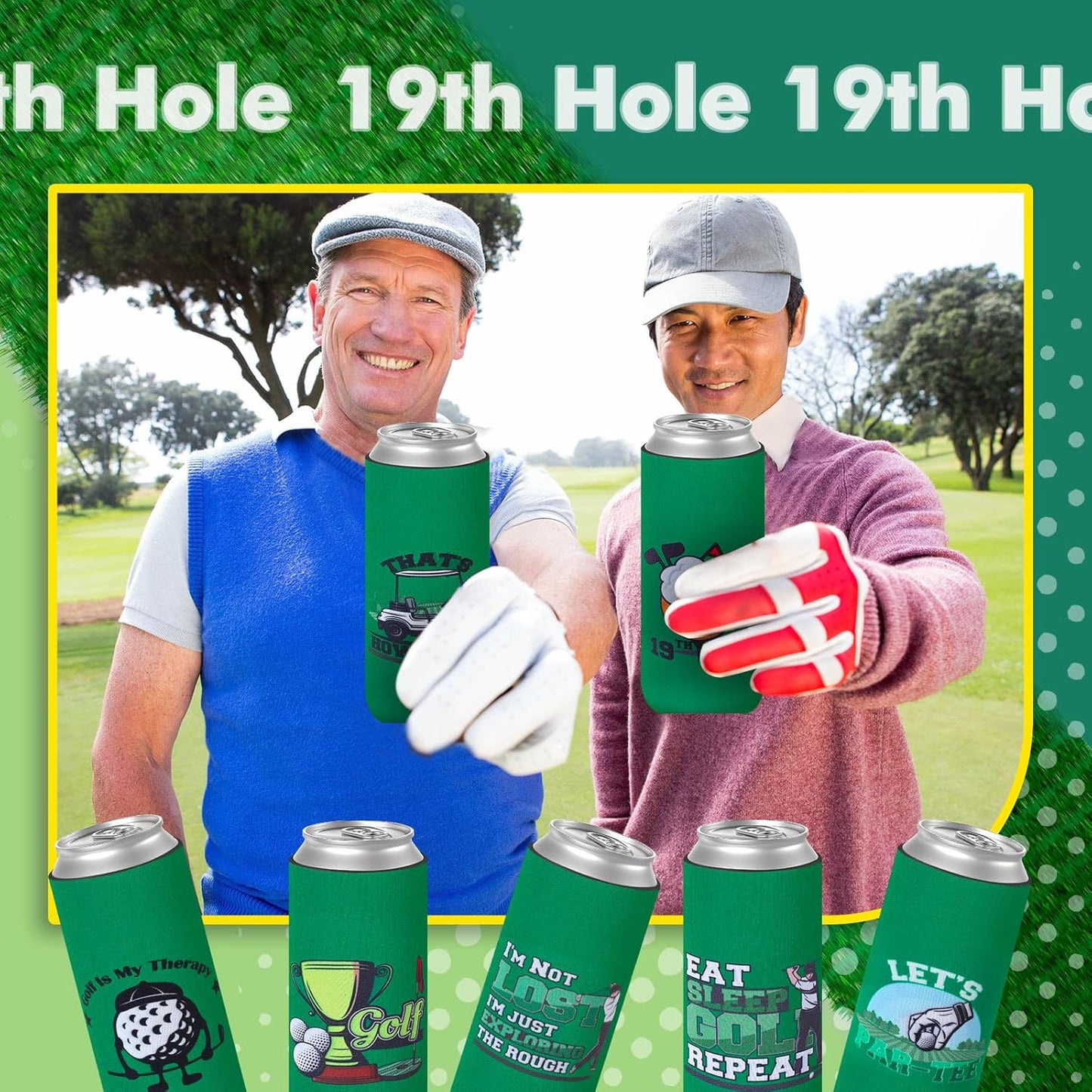 Layhit 24 Pcs Funny Golf Themed Can Cooler Hole in One 12 oz Can Sleeve Bulk Golf Gifts Reusable Insulated Neoprene Cup Holder for Golfer Game Party Bachelor(Slim)