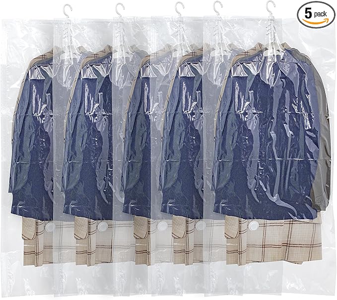 Hanging Vacuum Storage Bags,Hanging Vacuum Sealer Storage Space Saver Bags for Clothes, Suits, Coats, Dresses or Jackets, Reusable Compressed Vacuum Bags Closet Organizers,Long 5 Pack(53.1x27.6in)
