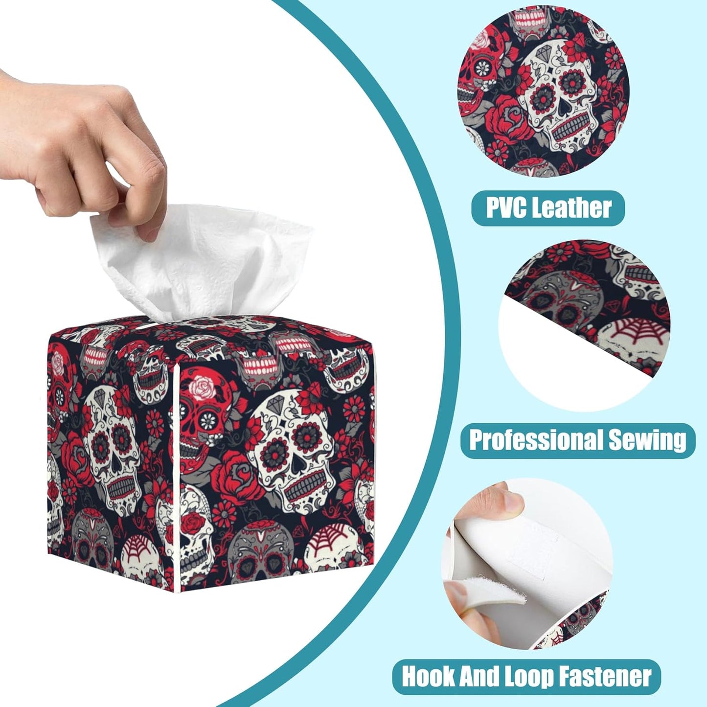 Colorful Sugar Skull Leather Tissue Holder,Red Roses Floral Square Tissue Box Cover,Modern Decorative Facial Tissue Paper Cover for Car Bedroom Vanity Desk Office Table Top,5.2" x 5.2" x 5.2"