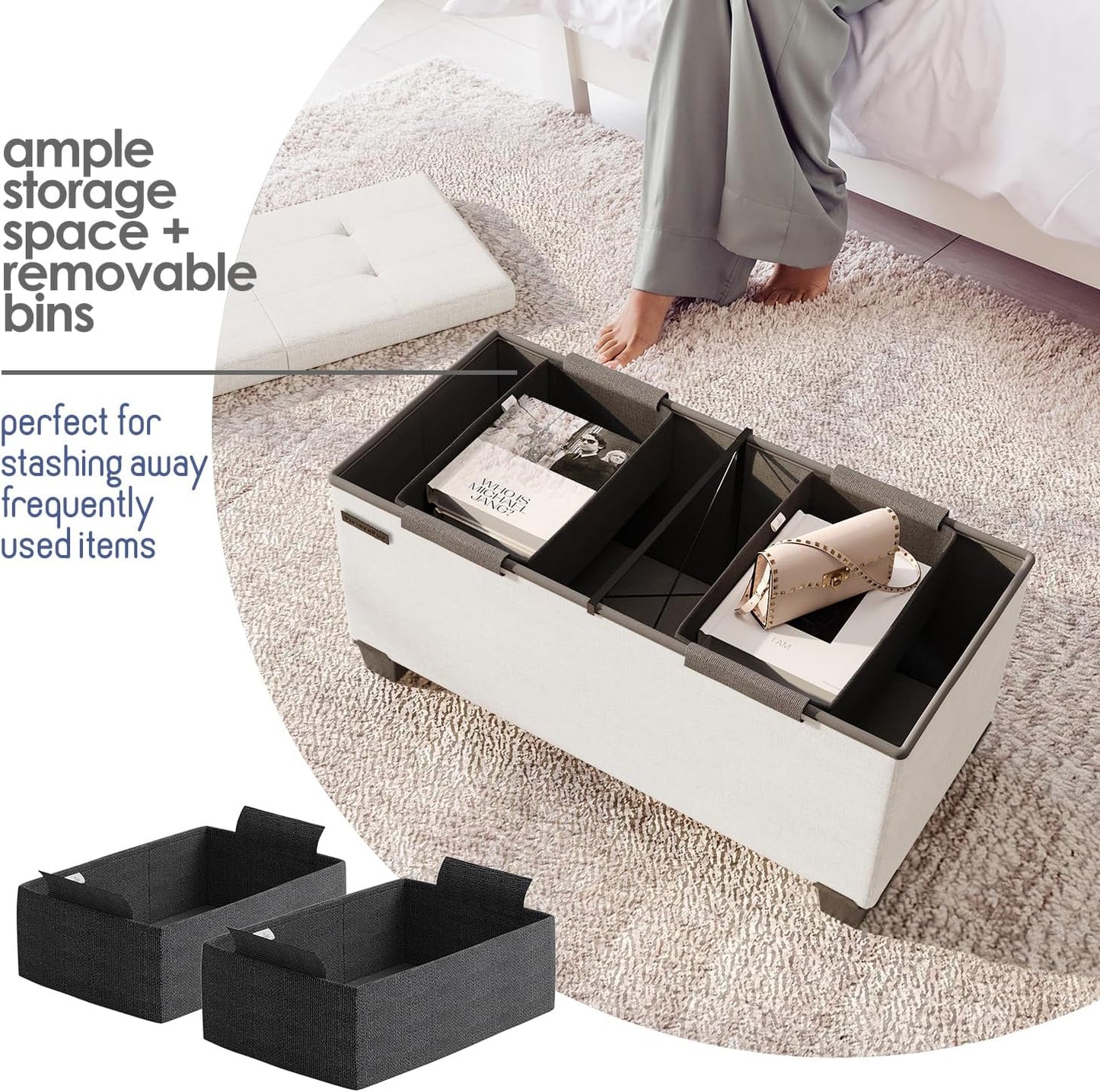 STORAGEBUD Storage Ottoman Bench with Bins, 30-in Storage Bench for Bedroom End of Bed, Folding Foot Rest Ottoman for Living Room Max 660lbs, Fabric Ottomans, Beige