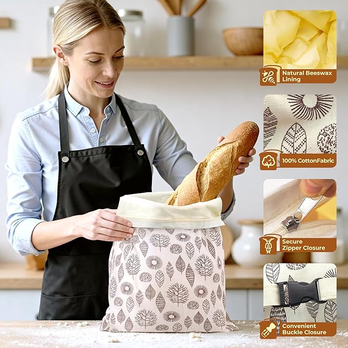 OHIYO Reusable Beeswax Bread Bags for Freezer & Refrigerator, 17"×13" Natural Beeswax-Lined Cotton Storage Bags Airtight Freshness Keeper for Homemade, Bakery Essentials (2 Pack)