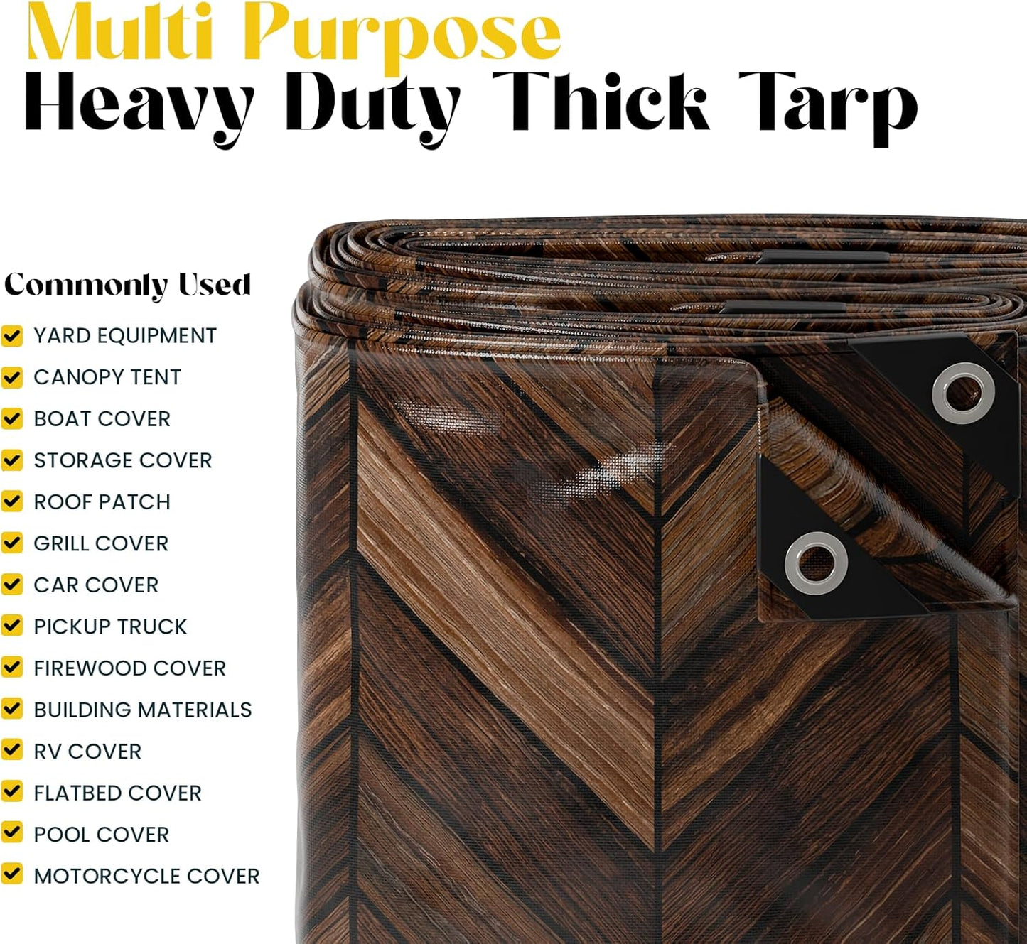 Core Tarps Extreme Heavy Duty 20 Mil Tarp Cover, Waterproof, UV Resistant, Rip and Tear Proof, Poly Tarpaulin with Reinforced Edges for Roof, Camping, Patio, Pool, Boat (Brown Wood/Black 30′ X 30′)