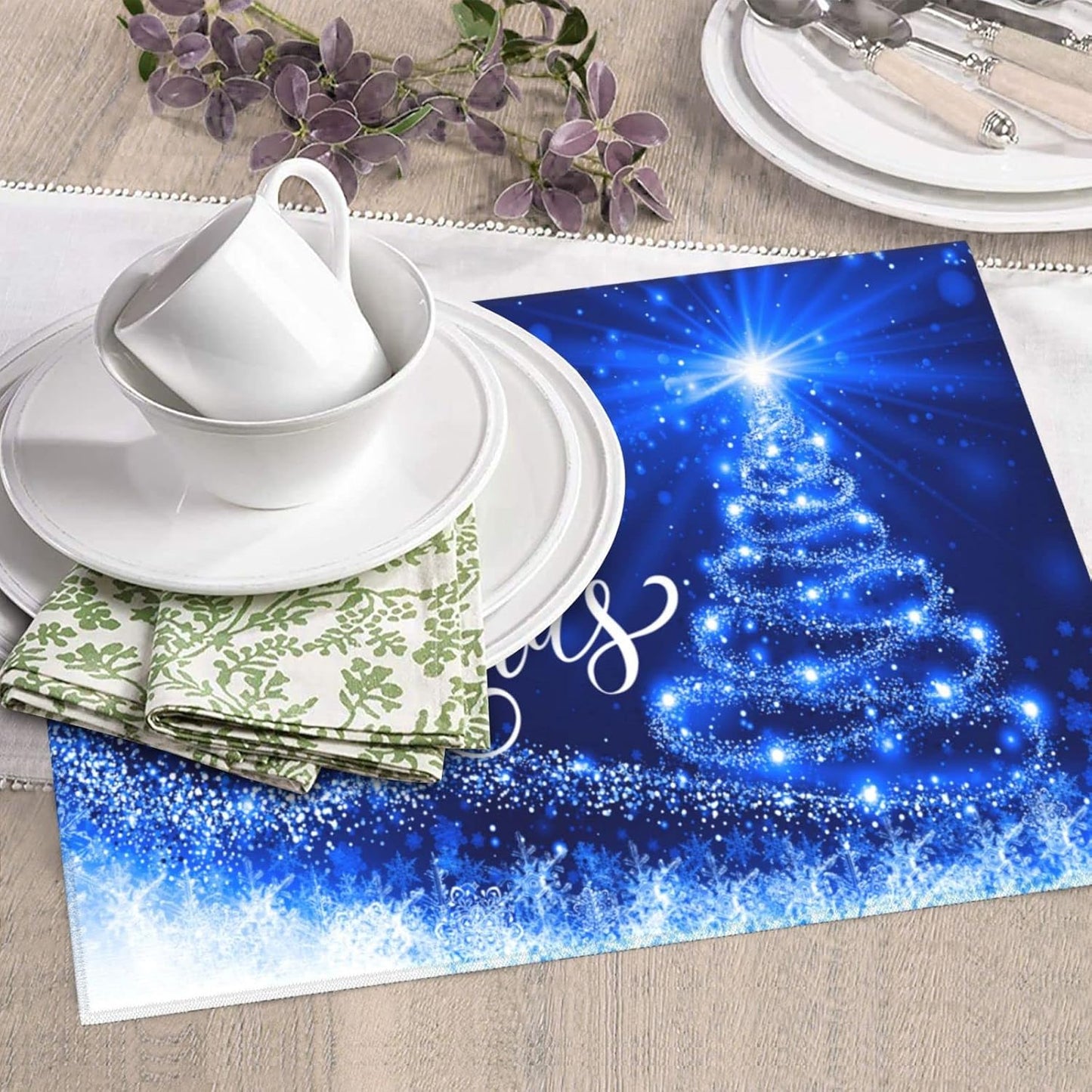 Dish Drying Mat Merry Christmas Blue Snow Tree for Kitchen Counter Absorbent 16x18 Inch Microfiber Dishes Plate Glass Dry Draining Pad Reversible Washable