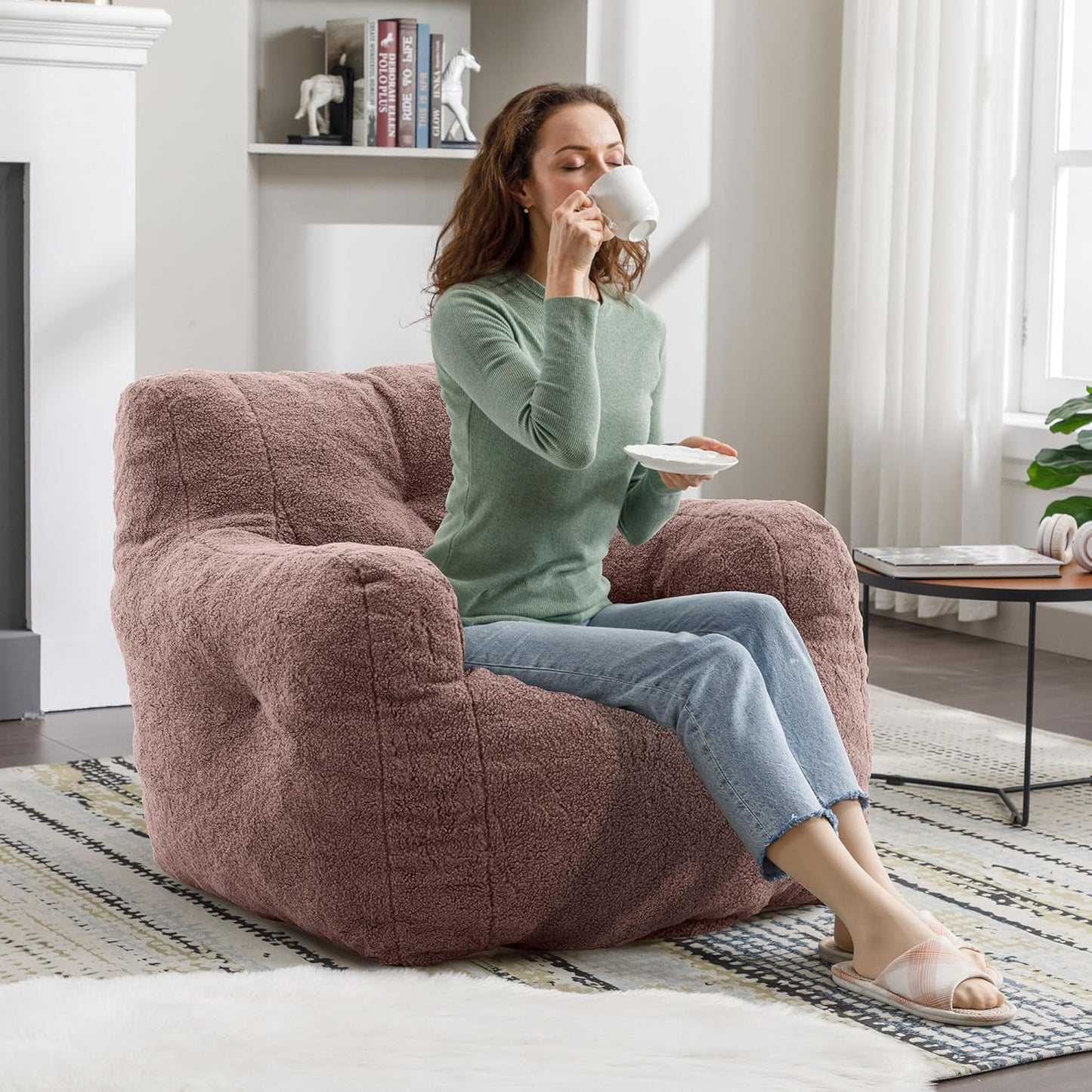 Recaceik Bean Bag Chairs, Tufted Soft Stuffed Bean Bag Chair with Filler, Fluffy Lazy Sofa Chair Lounger, Comfy Giant Bean Bag Chair for Bedroom, Living Room, Brown