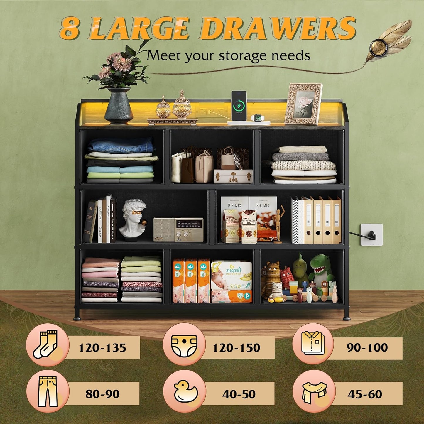 WLIVE Led Dresser for Bedroom, TV Stand for Bedroom with LED Lights and Power Outlet, Wide Chest of Drawers for Hallway, 8 Fabric Drawers for Living Room and Entryway, Charcoal Black Wood Grain Print
