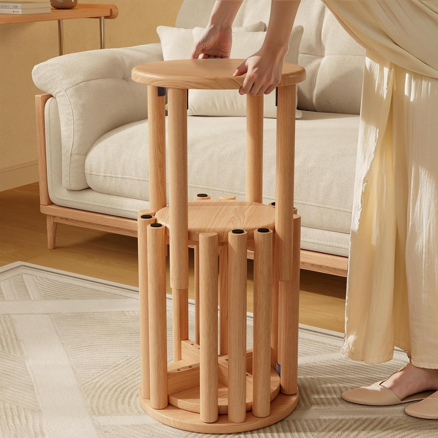 Stackable Stools Set of 4 Wooden Stools 18 Inch Stool Nesting Side Tables Nesting Coffe Table Sturdy and Durable,No Installation Required,Top Stackable Stool for Saving Space(Natural Bar stools)