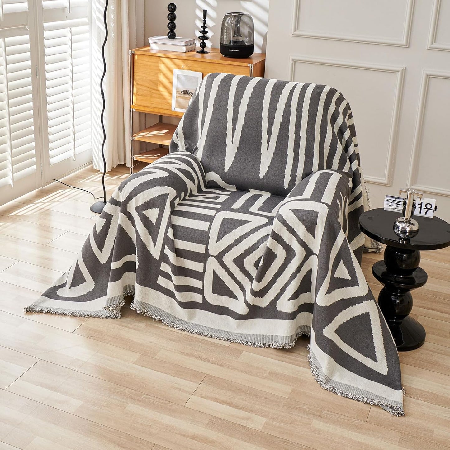 STACYPIK Thick Chenille Boho Sofa Cover Dark Grey Jacquard Geometric Sofa Cover for 1 Cushion Couch L Shape Cover Dog Sofa Protector Non Slip Pet Protector Covers Reversible Sofa Covers-71X71IN