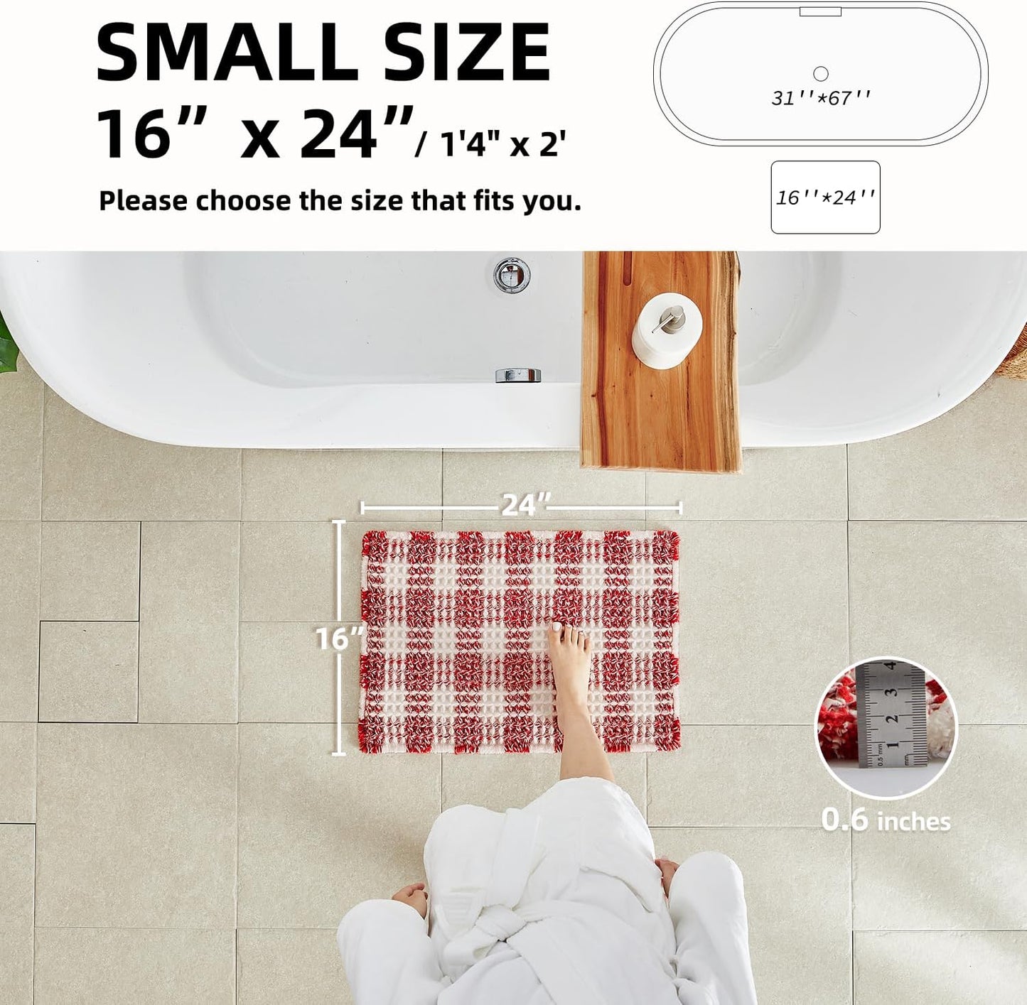 Waffle Bath Mat, Boho Christmas Bathroom Rugs Non Slip Washable Absorbent Checkered Bathroom Mat Quick Dry Cute Bath Mat, 24"x16" Red and White