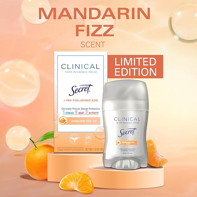 Secret Clinical Strength Antiperspirant Deodorant for Women, 3X Stress Protection, 72hr Sweat & Odor Protection, Pro-Hyaluronic Acid, Invisible Solid, Mandarin Summer Fizz Scent, 1.6 oz