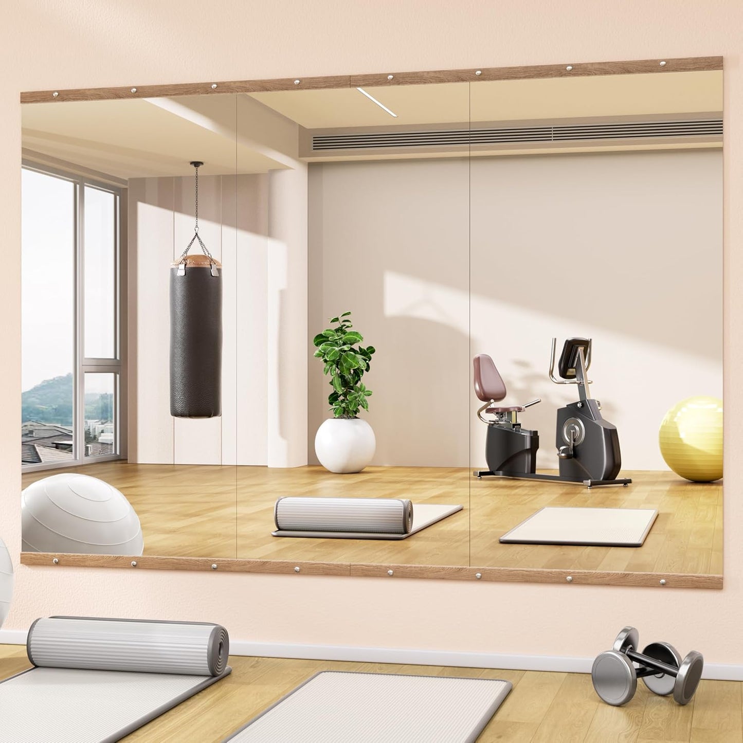 Hasipu 3Pcs 48''x24'' Home Gym Mirror Large Full Length Wall Mounted Full Body Mirror for Yoga Dance Fitness Exercise Studio Bedroom Garage, Frameless Tempered Glass Workout Mirrors Walnut Rectangular