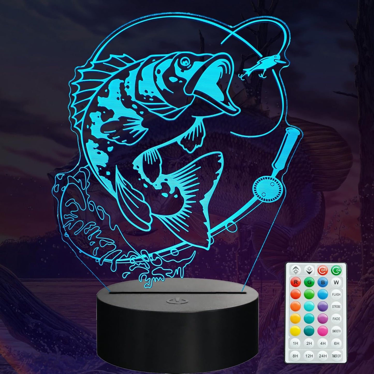 Fish Night Light, Fish 3D Illusion Lamp, Go Fishing Man Gifts with 16 Colors Changing, Timer, 4 Flash Modes and Dimmable, Kids Room Decoration, Xmas Fishing Gifts