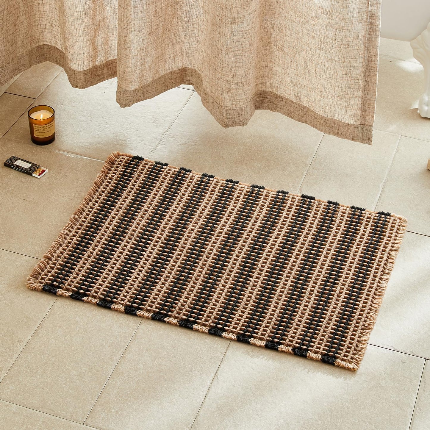 Waffle Bath Mat, Boho Bathroom Rugs Non Slip Washable Super Absorbent Quick Dry Bath Mat Farmhouse Bathroom Decor, 30"x20" Black and Khaki