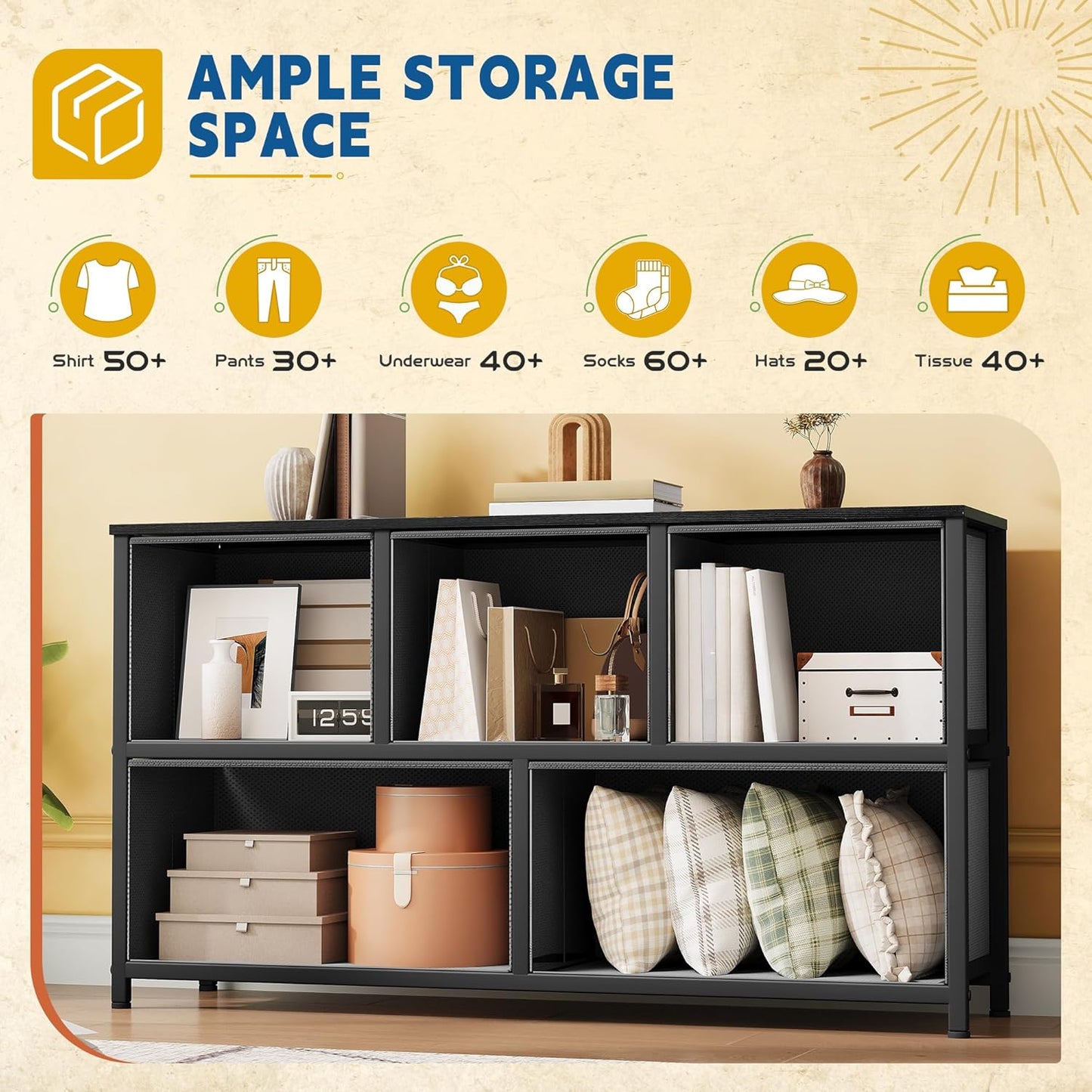 DWVO Dresser with 5 Drawers - Fabric Storage Tower, Black Dresser & Chest of Drawers, Organizer Unit for Bedroom