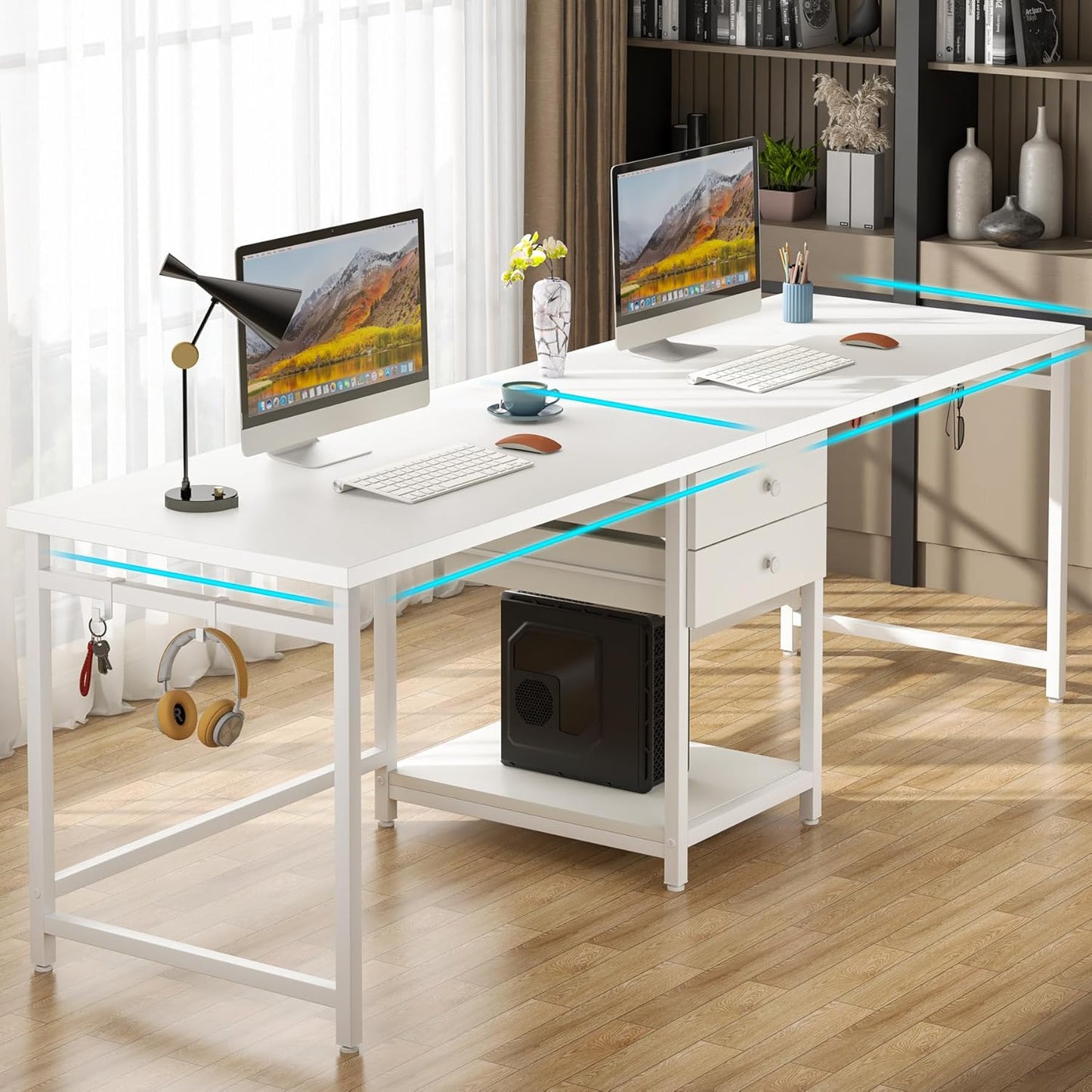 Tribesigns 79 Inch Extra Long Desk, Double Desk with 2 Drawers, Two Person Desk Long Computer Desk with Storage Shelves, Writing Table Study Desk for Home Office, White