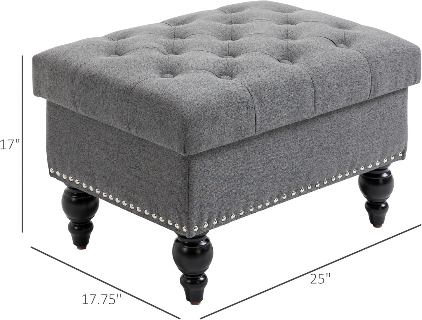 HOMCOM Ottoman with Storage for Living Room, 25" Storage Ottoman with Removable Lid, Button-Tufted Fabric Bench for Footrest and Seat with Wood Legs, Gray