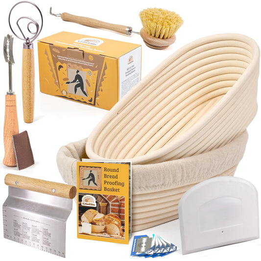 CRISS ELITE 11" Oval Banneton Proofing Basket Set of 2 - Sourdough Starter Kit with Bread Lame, Danish Whisk, Metal & Bowl Scrapers, Cleaning Brush - Professional Artisan Baker Gift Set