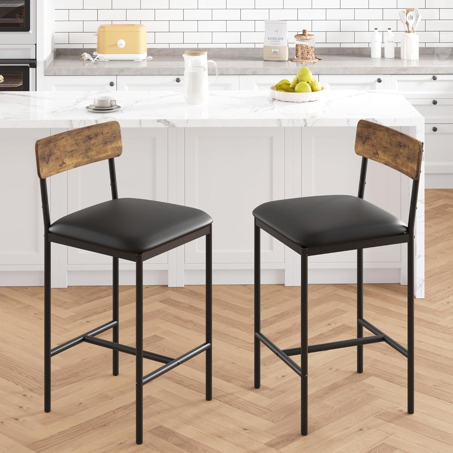 GarveeHome Bar Stools Set of 2, Upholstered Height Bar Stools with Backrest and Footrest, Kitchen Barstools for Island,Counter Bar, Easy Assembly, Rustic Brown