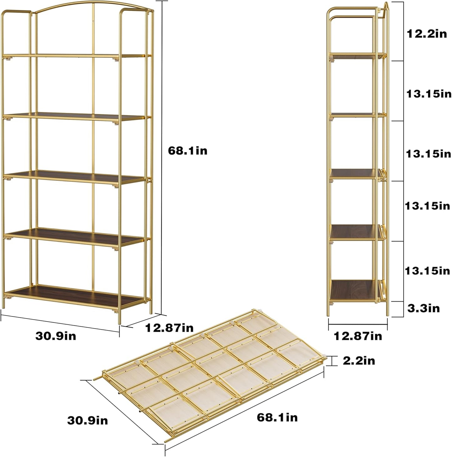 Crofy No Assembly Folding Bookshelf for Living Room, 5 Tier Gold Collapsible Book Shelf for Home Office, Portable Bookcase Storage Organizer