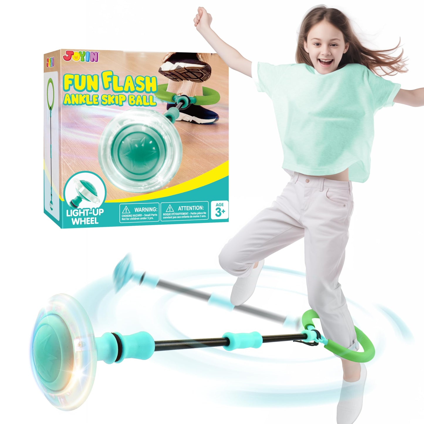 JOYIN Green Ankle Skip Ball with Flashing Lights, Toy for Kids Indoor & Outdoor, Flashing Swing Ball Foldable Sports Toy, Birthday Gifts for Kids 3 4 5 +