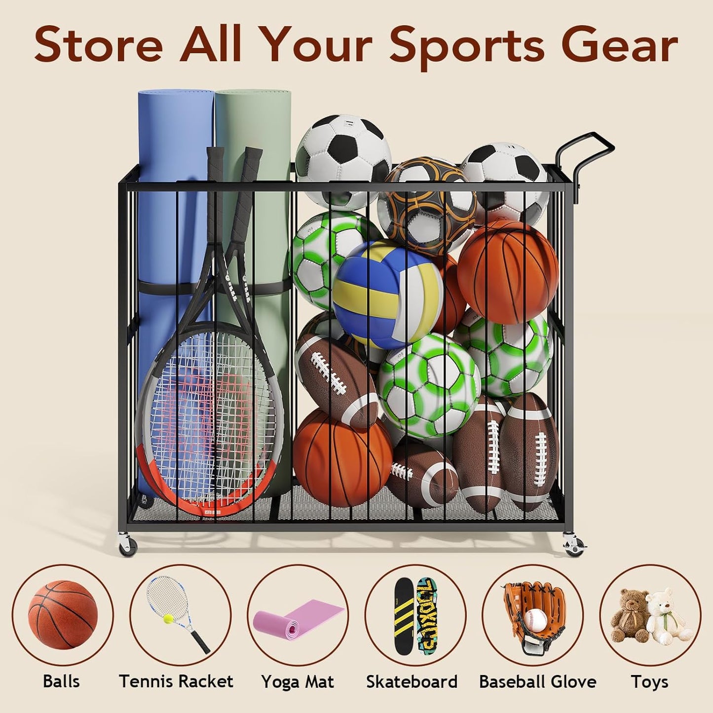 Ball Storage Bin Rolling Sports Ball Cart, Metal Garage Organizer Sport Rack, Ball Basket Storage, Ball Cage for Garage or Gym, Indoor & Outdoor Sports Equipment Organizer
