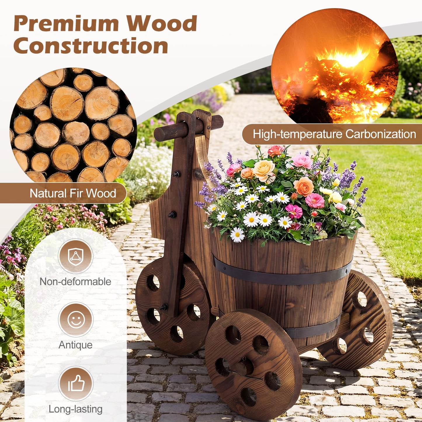 HAPPYGRILL Wooden Wagon Planter, Rustic Wood Wheelbarrow Planter w/3 Wheels,Drainage Hole & Storage Box for Growing Vegetables Herbs, Indoor Outdoor Flower Pot Cart for Patio Balcony Garden Decor (1)