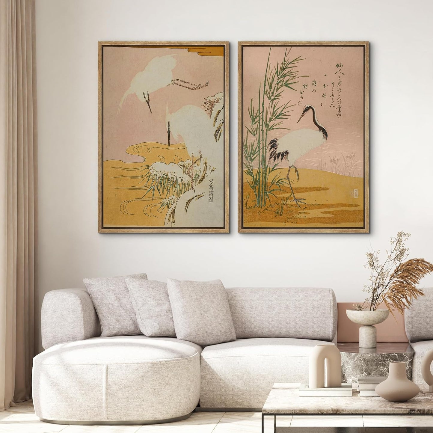 SIGNWIN Framed Canvas Print Wall Art Set Japanese Crane Vintage Style Bird and Bamboo Illustrations Modern Art Rustic Minimal for Living Room, Bedroom, Office - 24"x36"x2 Natural