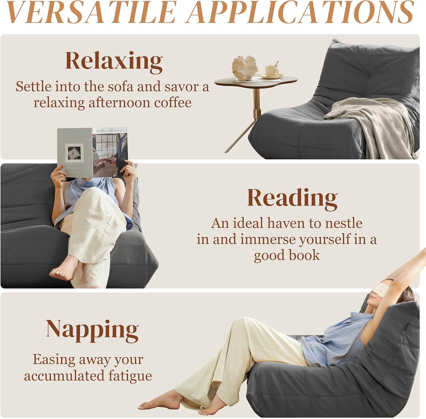 Bean Bag Chair, Fireside Chair Bean Bag Sofa for Adults, Bean Bag Chairs for Teens with High-Resilience Foam, Memory Foam & Non-Slip Base Bean Bag for Living Room, Bedroom, Office (Suede, Dark Gray)