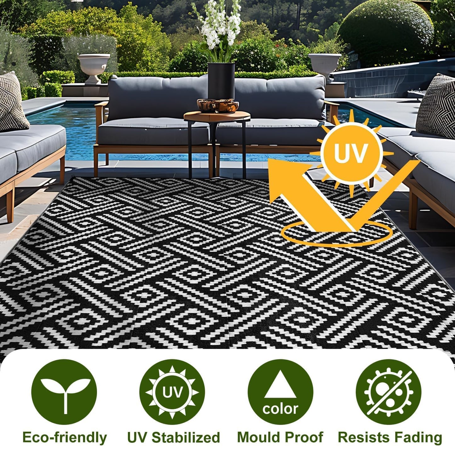 OPPODREAM Outdoor Rug 8x10 Patio Waterproof, Large Outdoor Plastic Straw Rug, Reversible Out Door Carpet for Camping, Deck, Rv, 8 x 10 Area Carpet for Balcony, Porch, Backyard, Black and White