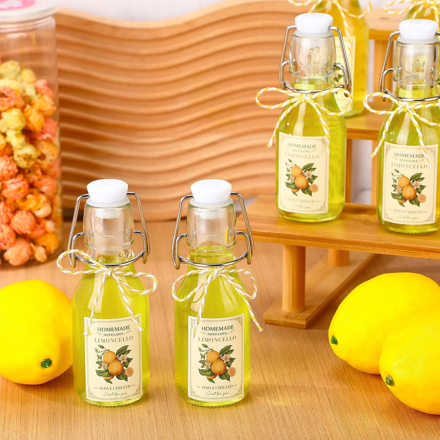 Havawish 20 Sets 4 oz Limoncello Bottles Swing Top Glass Bottles for Homemade Clear Flip Top Mini Limoncello Bottle with Labels Airtight Cap Lids for Home Brewing Gifts Wedding Baby Shower Favors