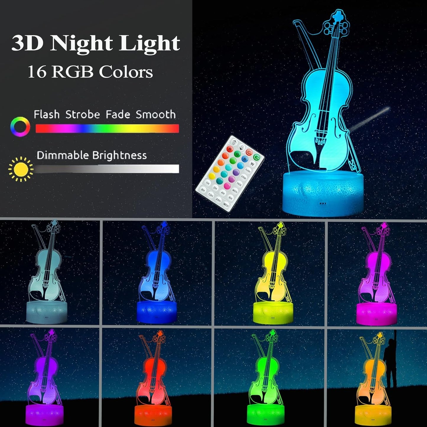 Violin Night Light, Violin Gifts, Cello 3D Illusion Lamp with 16 Colors Changing, Timer, 4 Flash Modes and Dimmable, Kids Boys Girls Room Decoration, Holiday Xmas Music Gifts