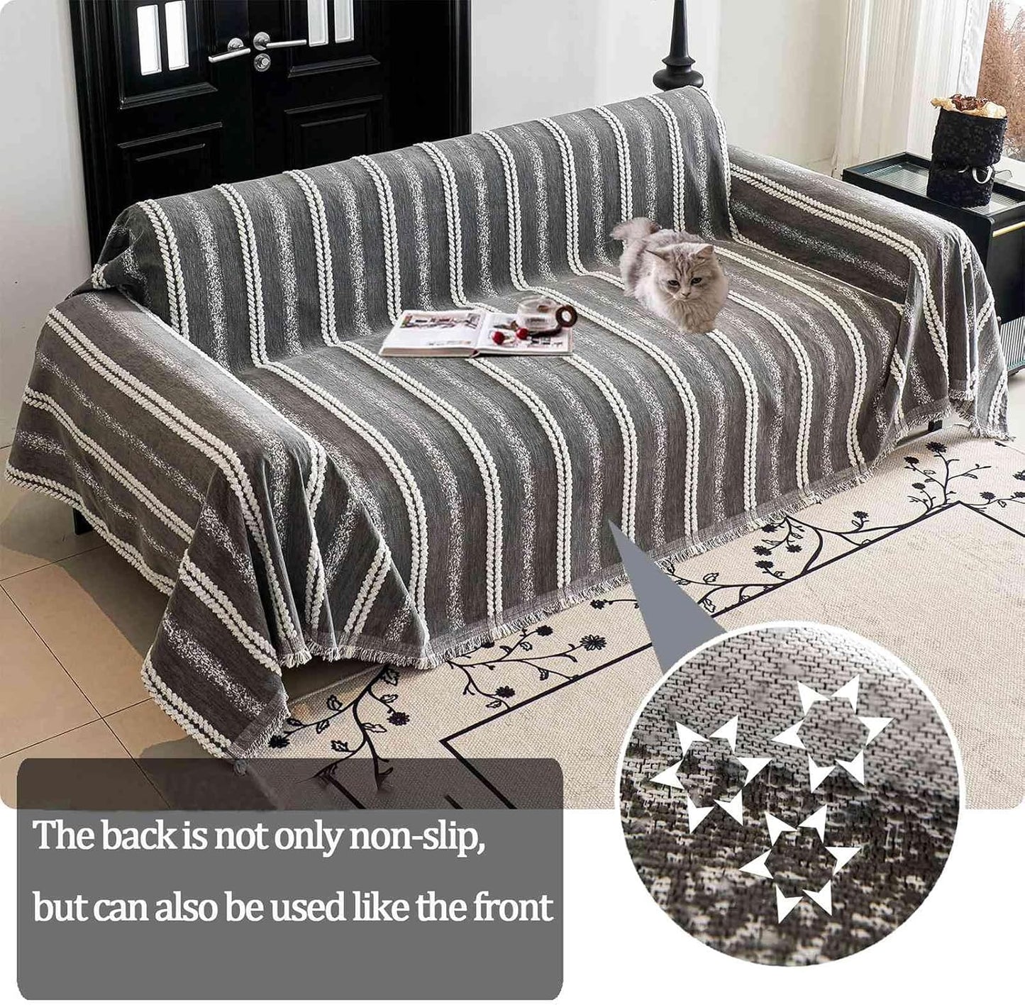 Couch Cover for Dogs Washable Sofa Cover, Sectional Couch Covers, Sofa Covers for 2 Cushion Couch, Non Slip Stripe Sofa Slipcovers Furniture Protector, Couch Protector from Cat Claws, Grey,75''x102''