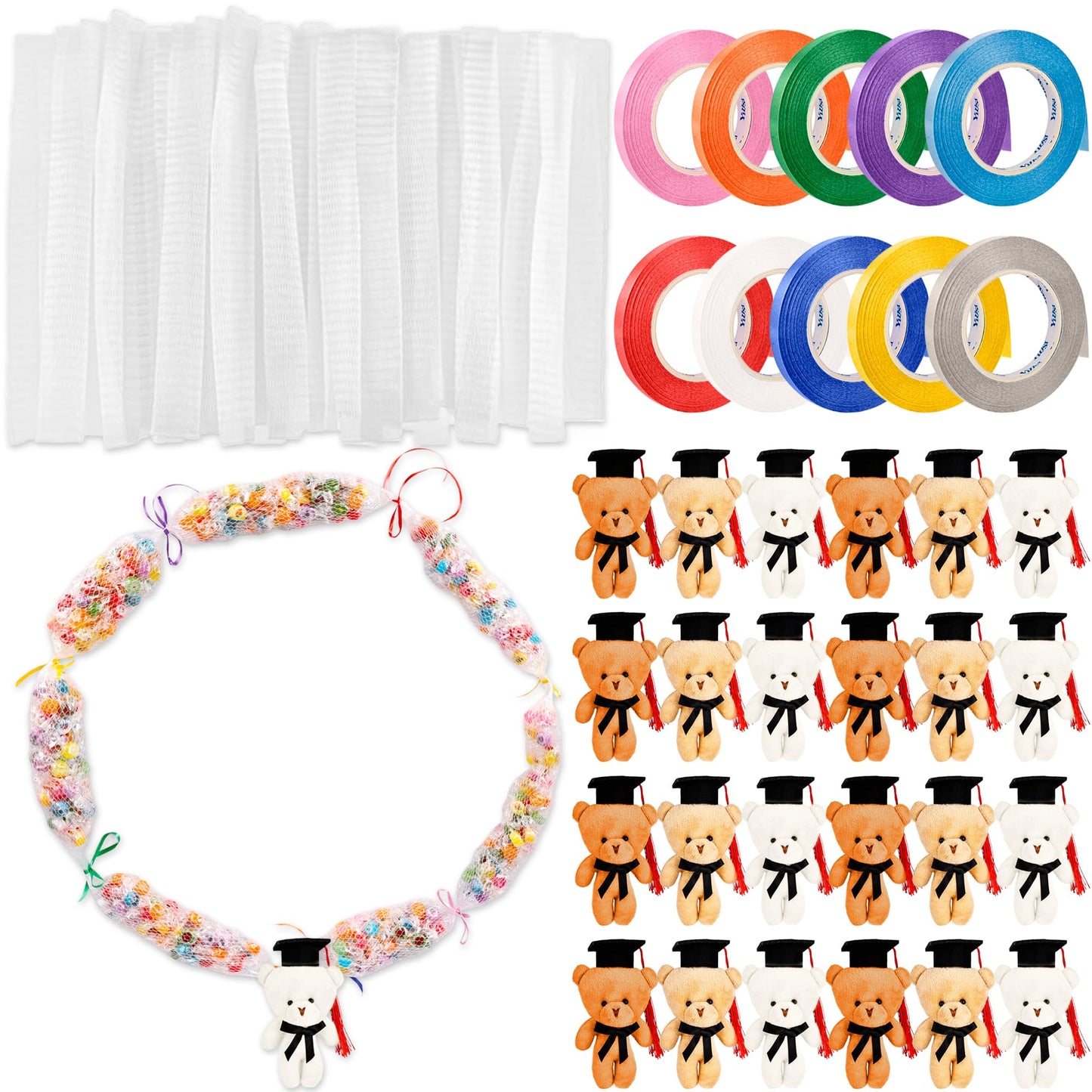 Conagel 89 Pcs Graduation Stuffed Bear Candy Lei Making Kit Included 55 pcs 66 ft Candy Lei Tubing Mesh Bags 10 Colors Ribbon 24 Graduation Bears for DIY Graduation Wreaths Party Favors