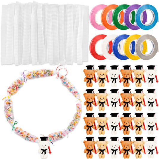 Conagel 89 Pcs Graduation Stuffed Bear Candy Lei Making Kit Included 55 pcs 66 ft Candy Lei Tubing Mesh Bags 10 Colors Ribbon 24 Graduation Bears for DIY Graduation Wreaths Party Favors