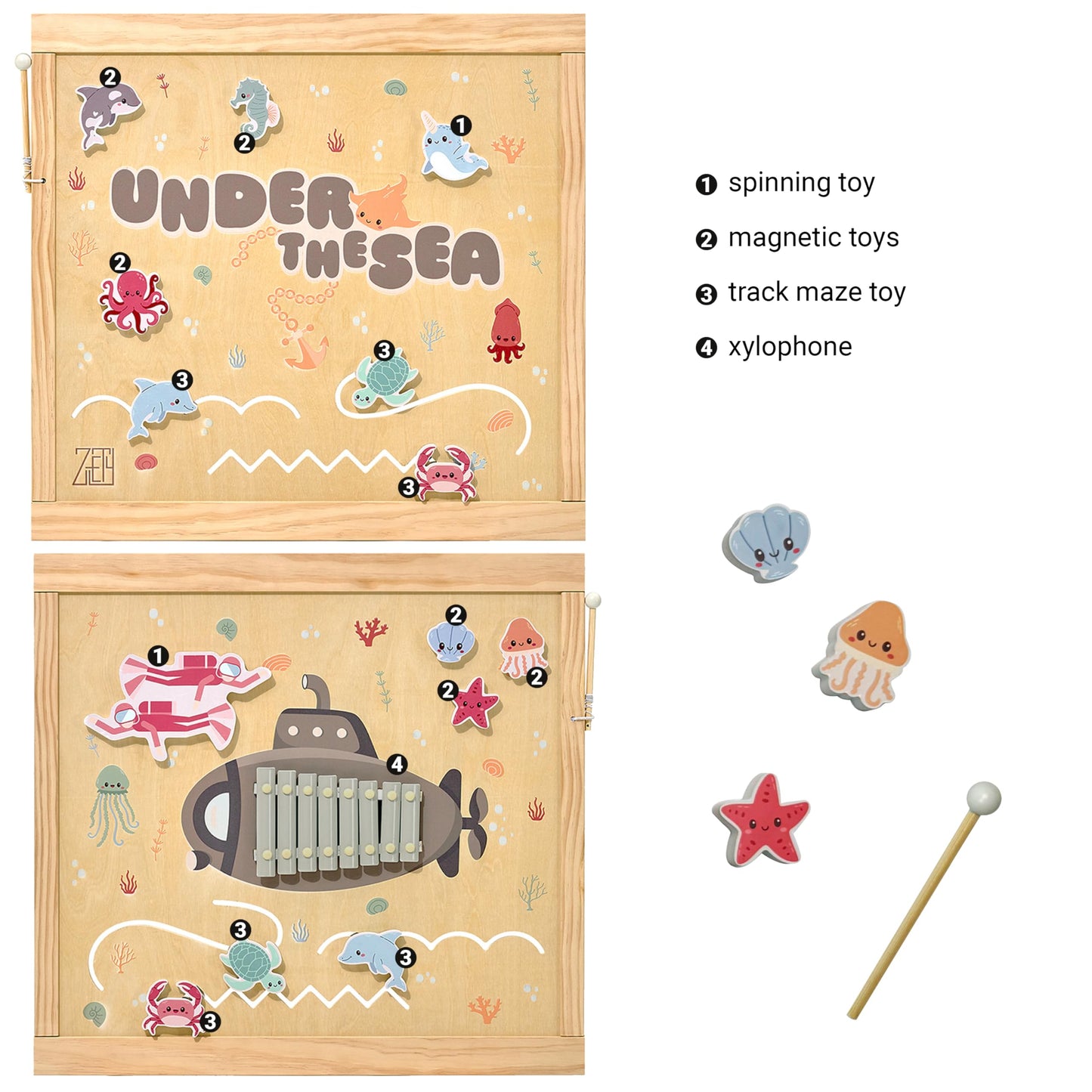 Wooden Playpen Extra Large for Toddlers and Babies - Under The Sea Theme Toy Design - (8/10) Wood Panels - Foldable and Adjustable Baby Play Yard- Extra Large Baby Playpen (10-Panels)