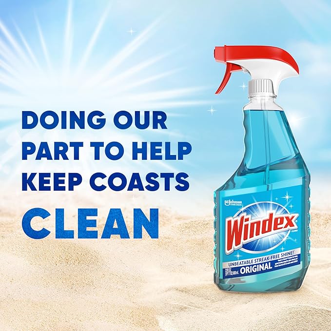 Windex Glass Cleaner Spray Refill, Original Blue Window Cleaner Works on Smudges and Fingerprints, Bottle Made from 100% Recovered Coastal Plastic, 2L (Pack of 2)