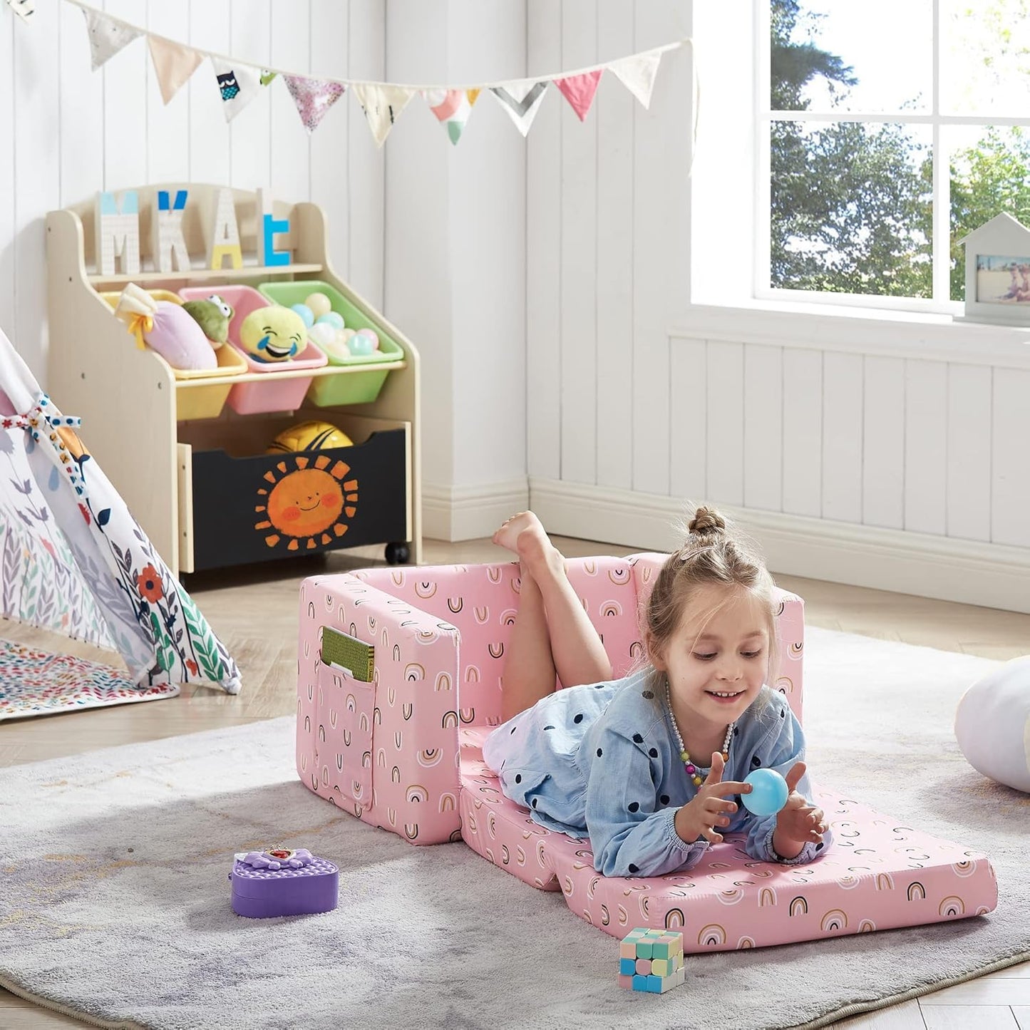 Ulax furniture Kids Sofa Chair Children FILP-Out Chair 2-in-1 Convertible Sofa to Sleeper Couch (Pink Rainbow)