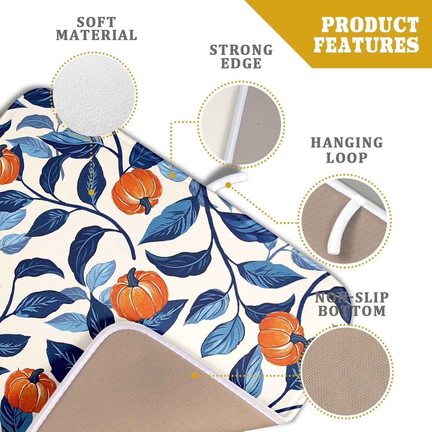 Autumn Pumpkin Dish Drying Mat for Kitchen Counter 16x18 Inch Blue and Orange Fall Thanksgiving Leaf Absorbent Reversible Microfiber Dish Drainer Rack Mats Countertops Protector Mat