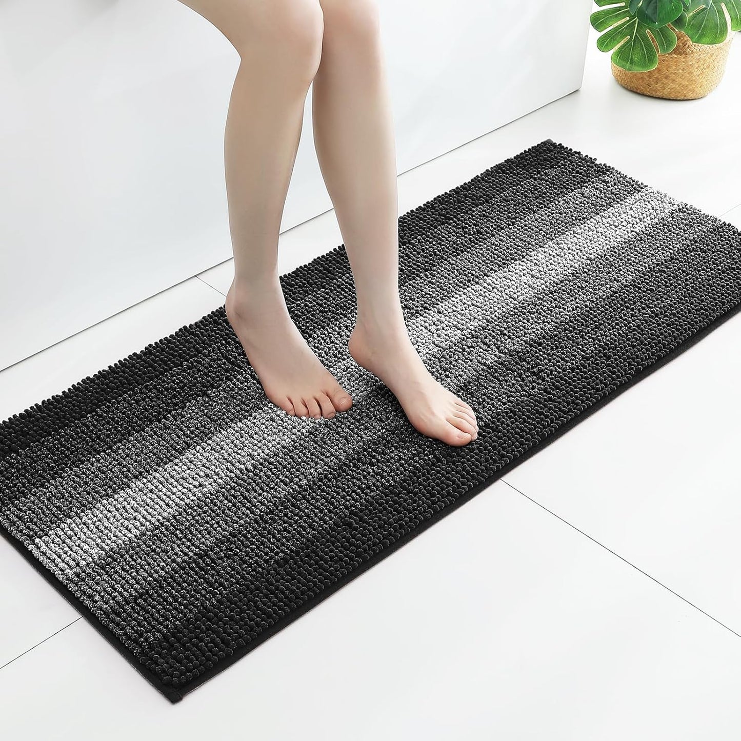 Gibelle Long Bathroom Rugs, Luxury Chenille Bath Mat, Small Non Slip Shower Rug and Bath Room Floor Mats, Machine Washable, Quick Dry Bathmat, Soft Cozy Plush Rug for Tub, 20" x 47", Black