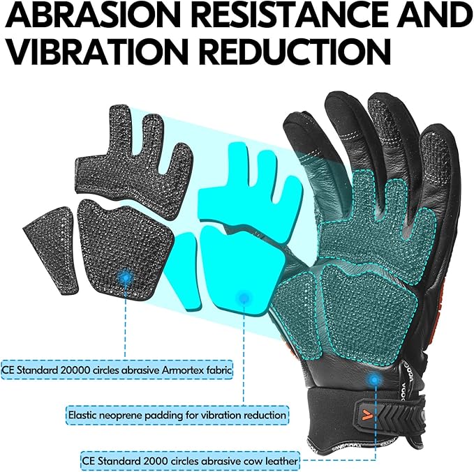 Vgo...…1Pair Leather Heavy Duty Work Gloves,Mechanics Gloves,Water Resistant,Impact Resistant,Anti-Vibration(CA7722WR)