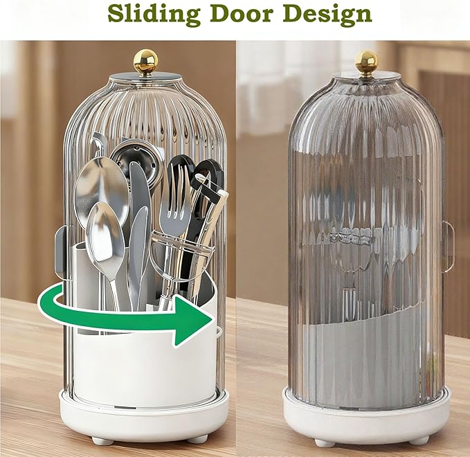 JEESA Utensil Holder with Lid, 360° Rotating Flatware Organizer for Cutlery Spoon Fork(H Less 8"), Silverware Caddy Organizer Drainage Dustproof Flatware Holder Kitchen Countertop Storage, Gray