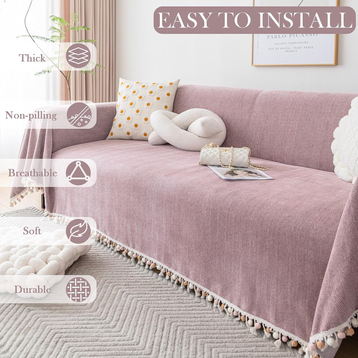 HANDONTIME Solid Boho Sofa Cover for 3 Cushion Couch - Pink-Purple Chenille Throw With Tassels for Dogs, 91" X 134", Mauve