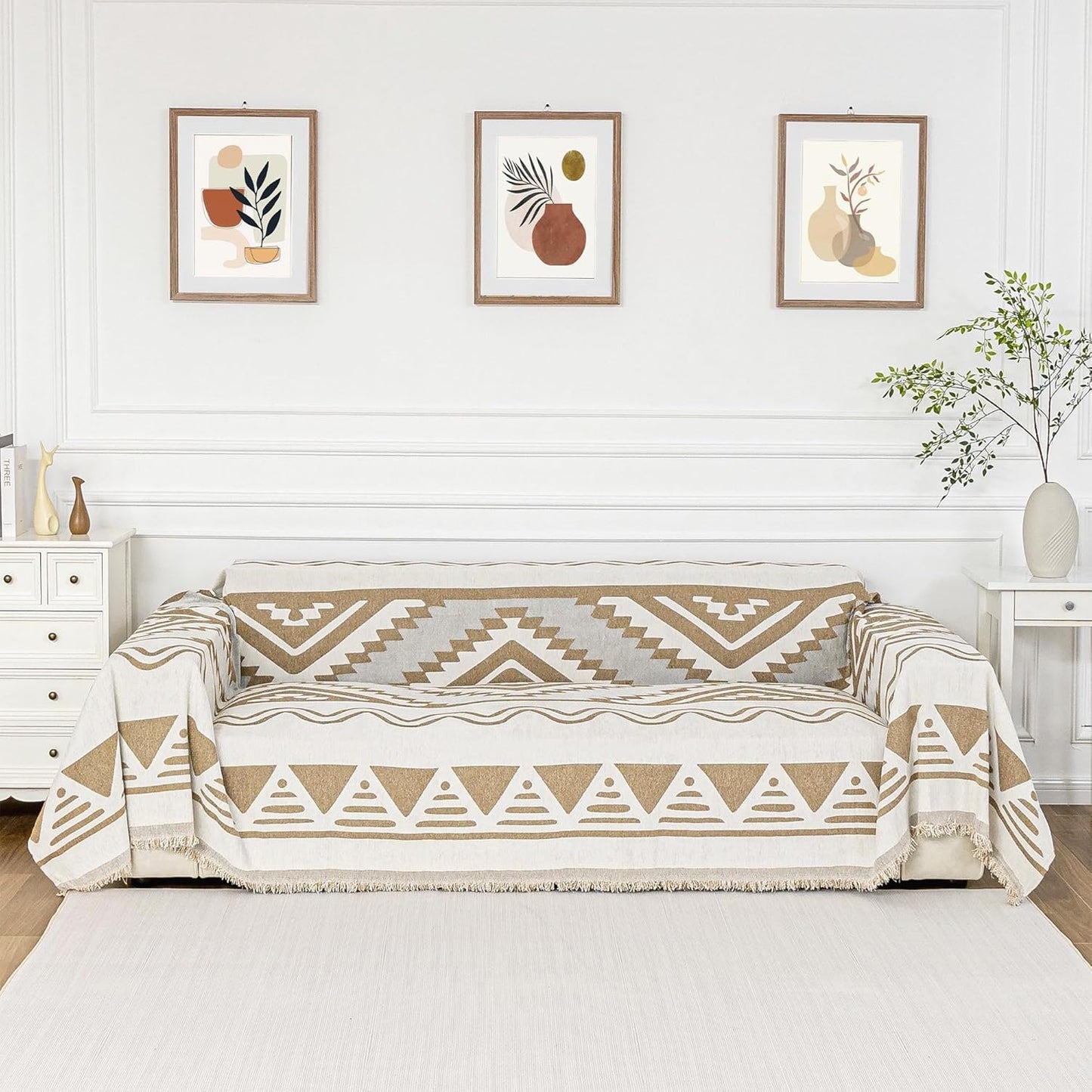 MYSKY HOME Boho Couch Cover for Dogs Washable Khaki Rhombic Couch Sofa Protector for Loveseat Sofa with Pets Friendly Chenille Geometric Sofa Covers Soft Durable Farmhouse Sofa Slipcovers, 71" X102"