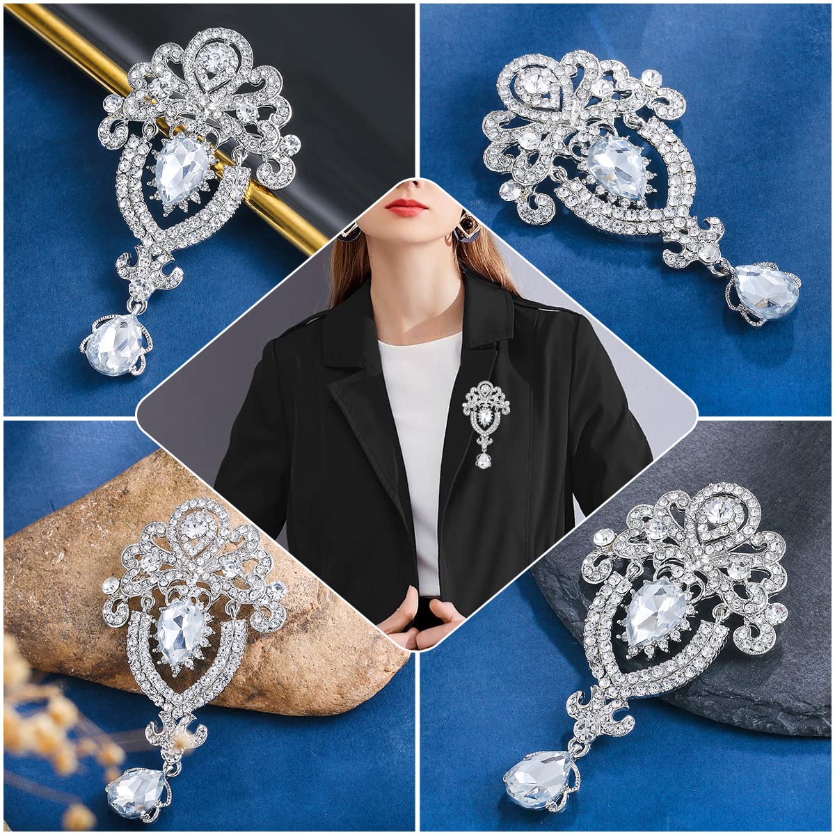 MEEDOZ 2 Pieces Crystal Rhinestone Marquise Pear-Shaped Teardrop Flower Brooch Pin Set for Women DIY Bridal Wedding Bouquet Kit (Silver-02)
