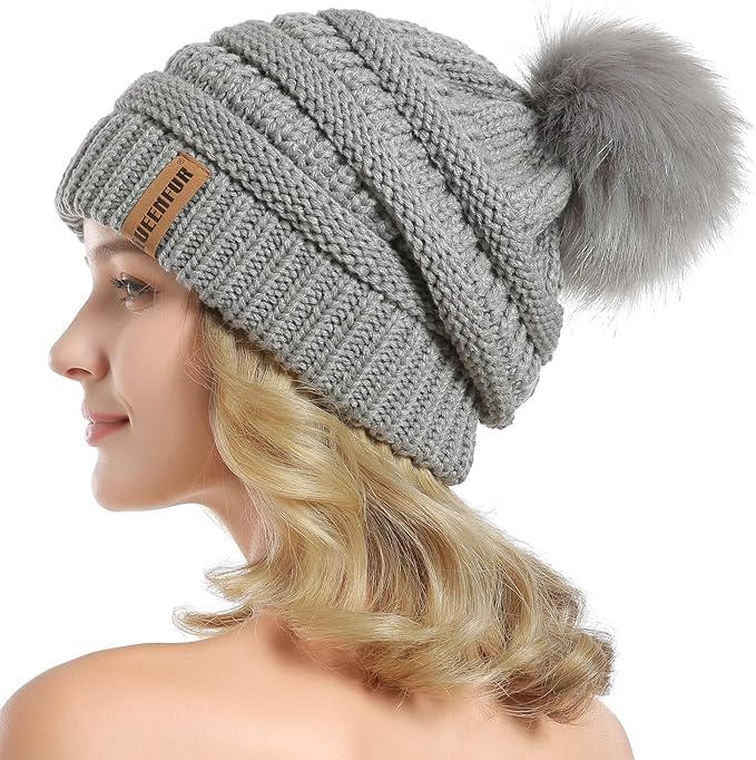 QUEENFUR Women Knit Slouchy Beanie Chunky Baggy Hat with Faux Fur Pompom Winter Soft Warm Ski Cap