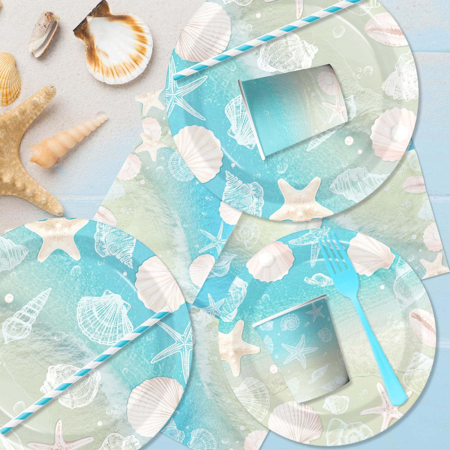 Beach Birthday Party Decorations, All-in-1 Ocean Themed Party Decorations with Balloon Arch Fringe Backdrop Seashell Bubble Garland Plates Napkins Centerpieces Cake Topper for Coastal Party, Serve 24